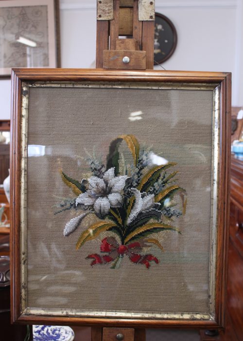 Woolwork floral spray with beading highlights Woolwork floral spray with beading highlights
