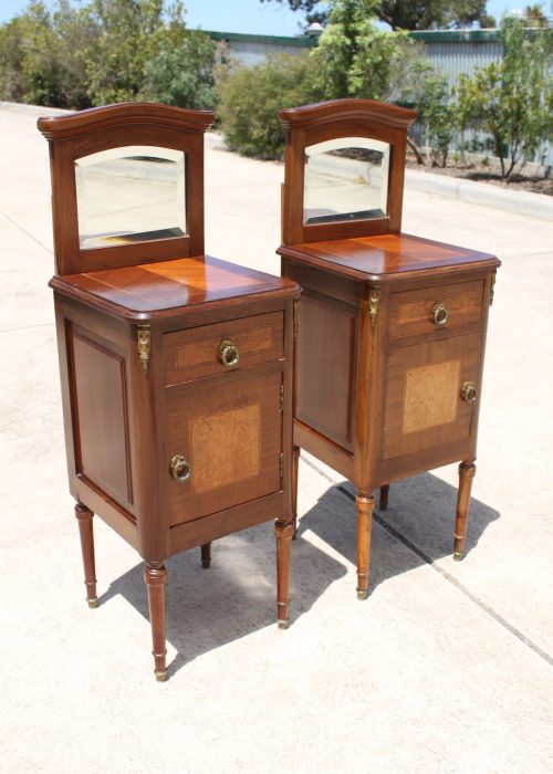 Pair of French inlaid bedside cabinets with mirrored backs Pair of French inlaid bedside cabinets with mirrored backs