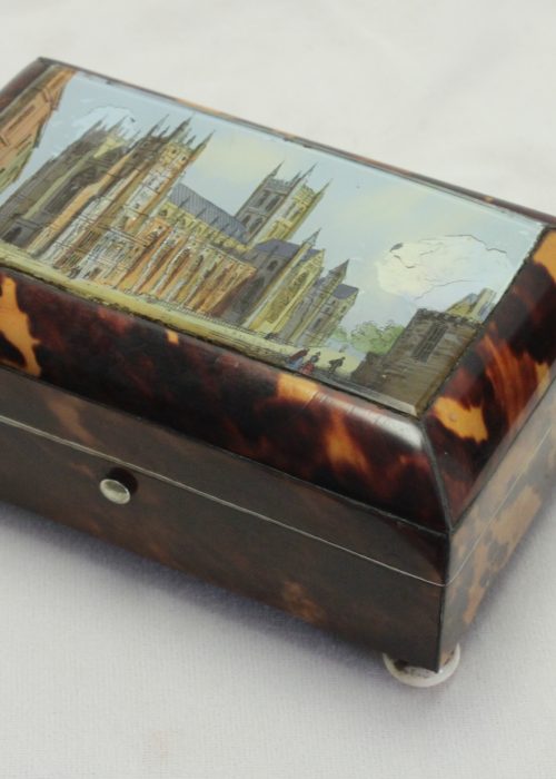 Tortoiseshell box with reverse painted scene of Canterbury Cathedral
