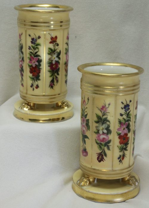Pair of hand painted and gilded porcelain spill vases