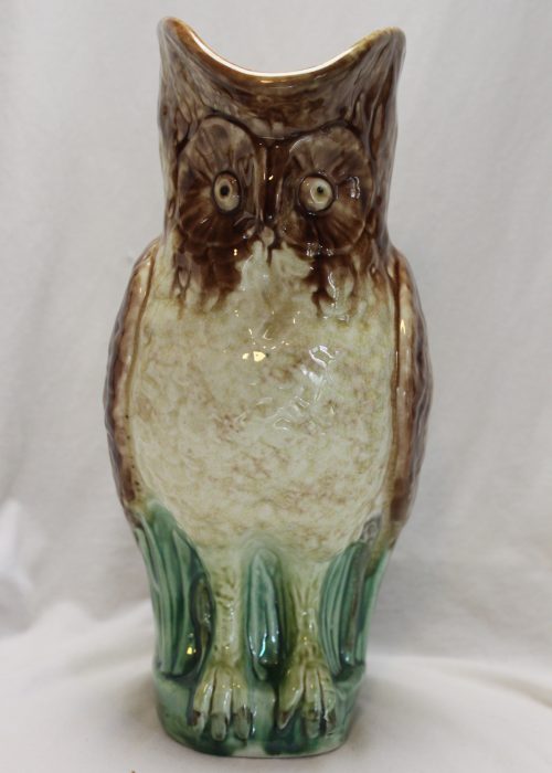 Majolica owl jug by Mouzin, Lecat of Mons, Belgium