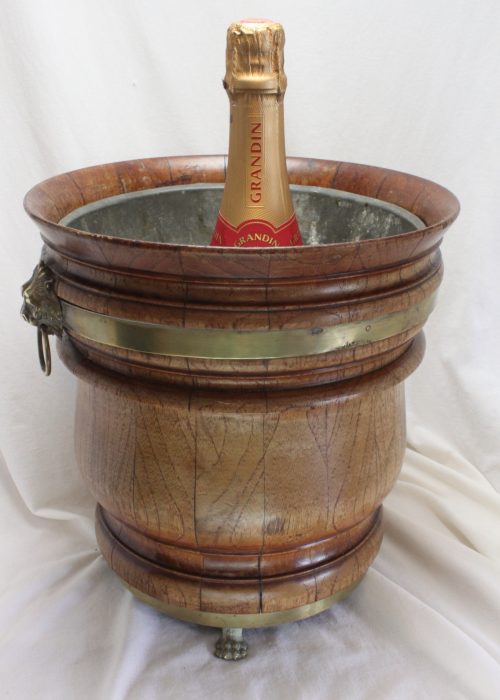 Brass bound wooden wine cooler or jardiniere