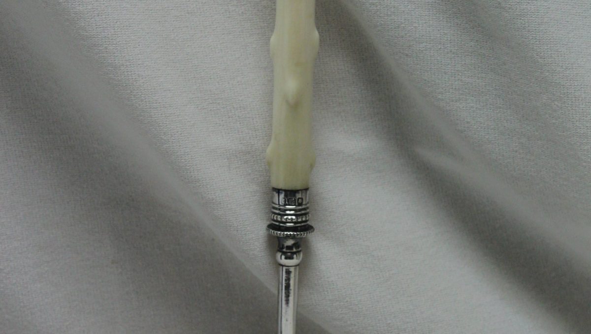Engraved sterling silver bread fork with Ivorine handle Sheffield 1899